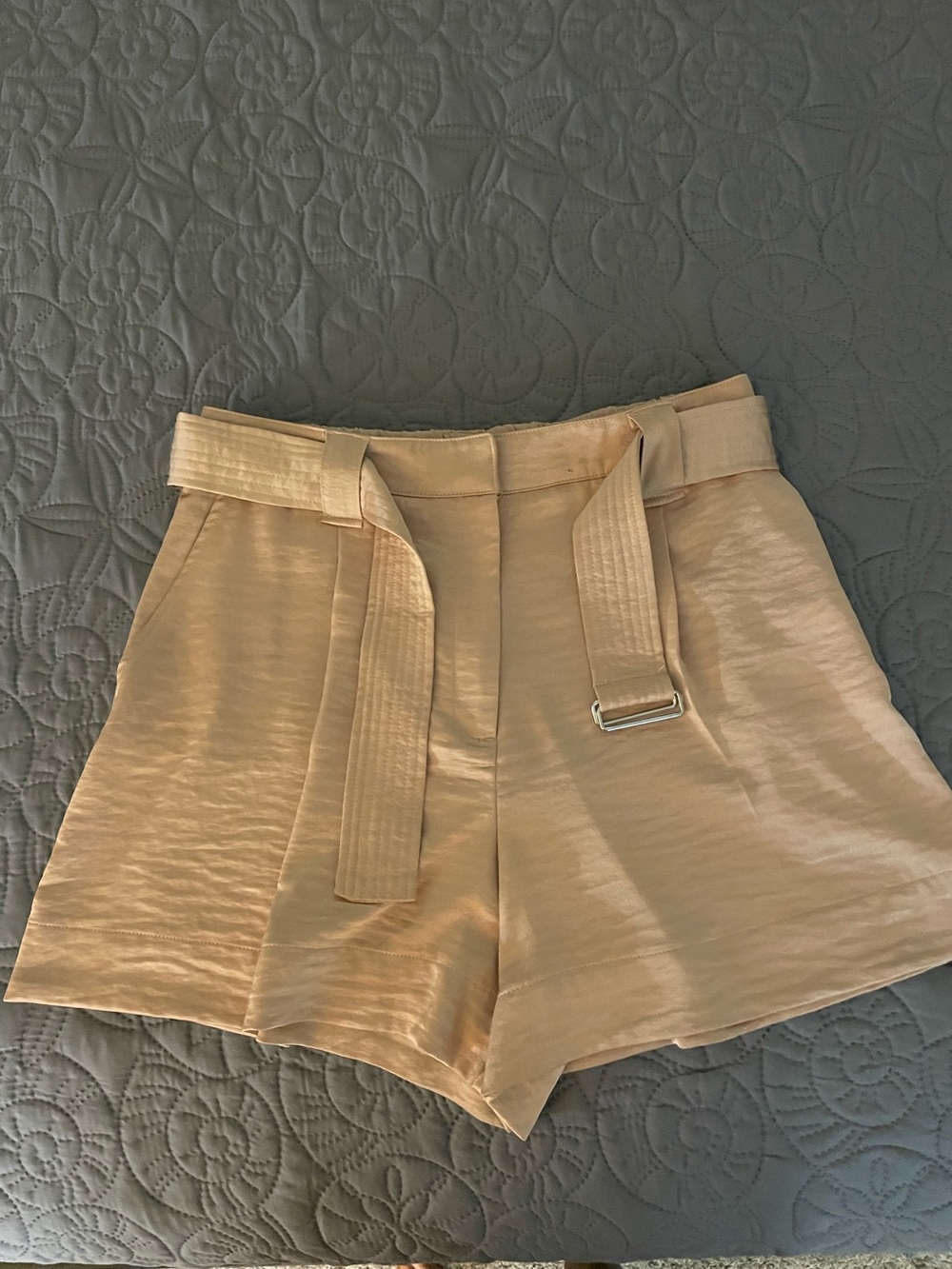 Rachel Zoe Neutral Satin-Look High-Waist Tie-Belt Shorts in Light Beige